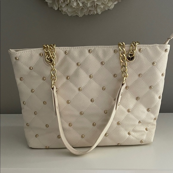 Charming Charlie Cream Quilted Tote Bag with Gold Accents - Picture 1 of 12